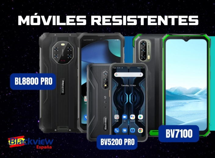 Imagen de tres móviles resistentes destacados del 2023: BV 5200 Pro, BV7100 y BL8800 Pro. Estos dispositivos sobresalen por su durabilidad, características avanzadas y rendimiento excepcional en condiciones extremas.