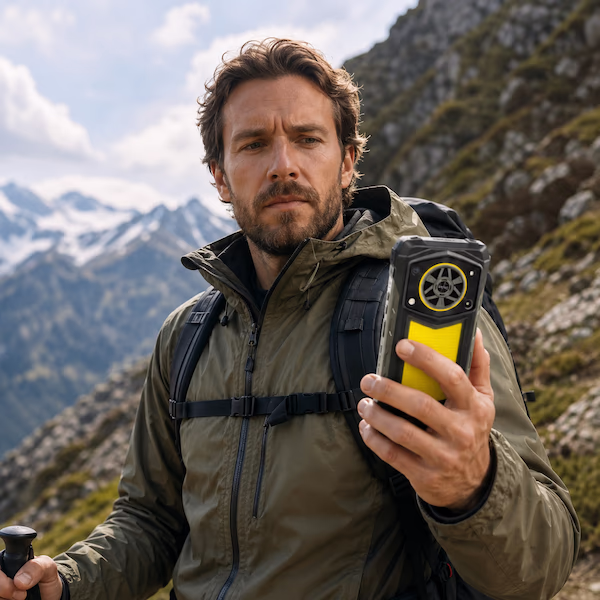Persona utilizando un móvil resistente Blackview Rock 5 en la montaña